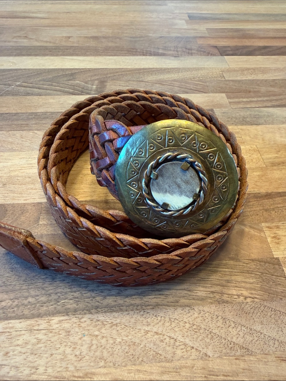 Vintage leather belt with hand stamped brass buckle with antler